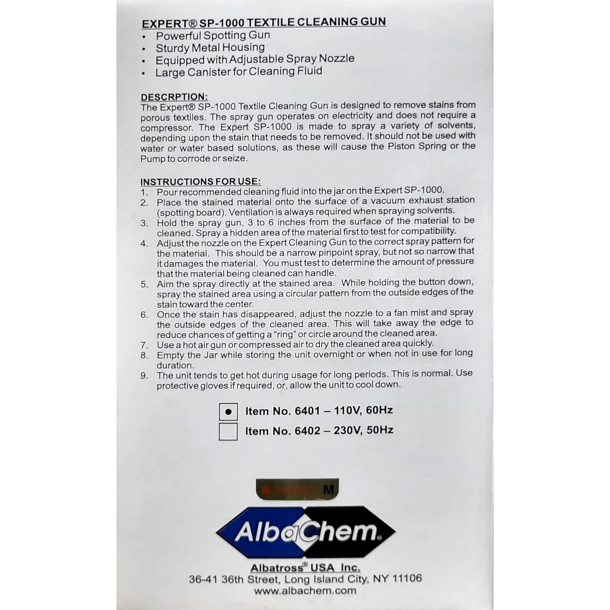 SP-1000 Cleaning Gun Instructions on side of box